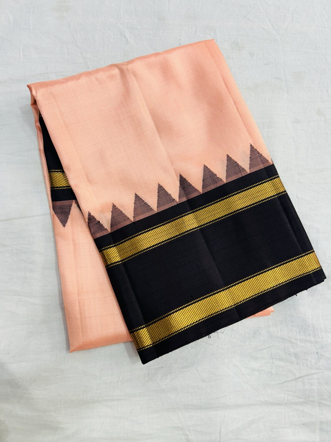 Peach & Black Handloom Pure Silk Temple Border Dupatta