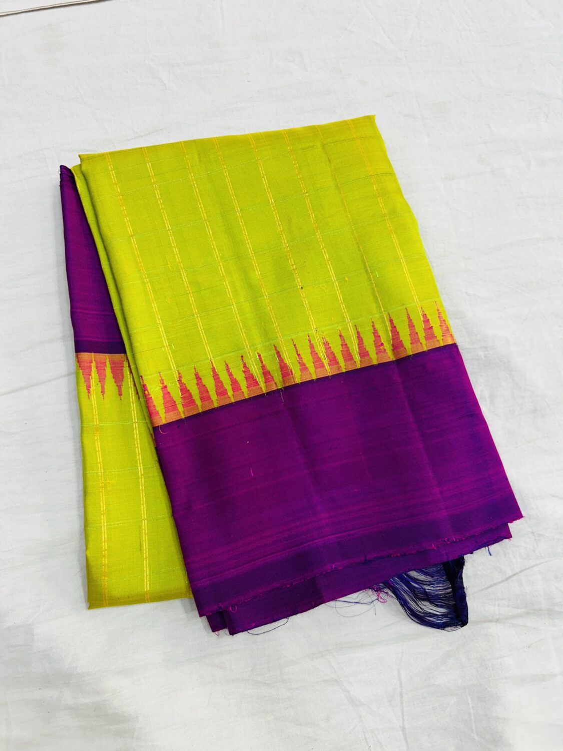 Lime Green & Magenta Handloom Pure Silk Temple Border Dupatta