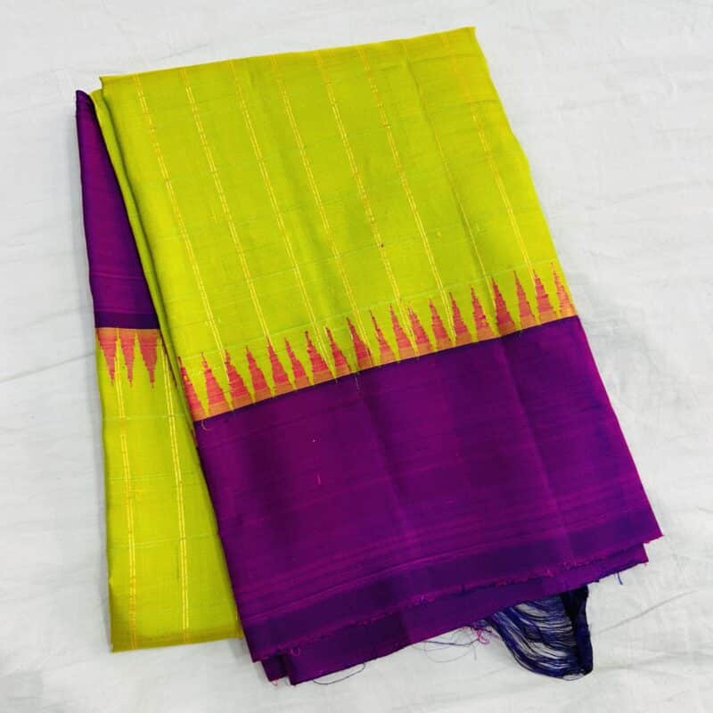 Lime Green & Magenta Handloom Pure Silk Temple Border Dupatta - view 5