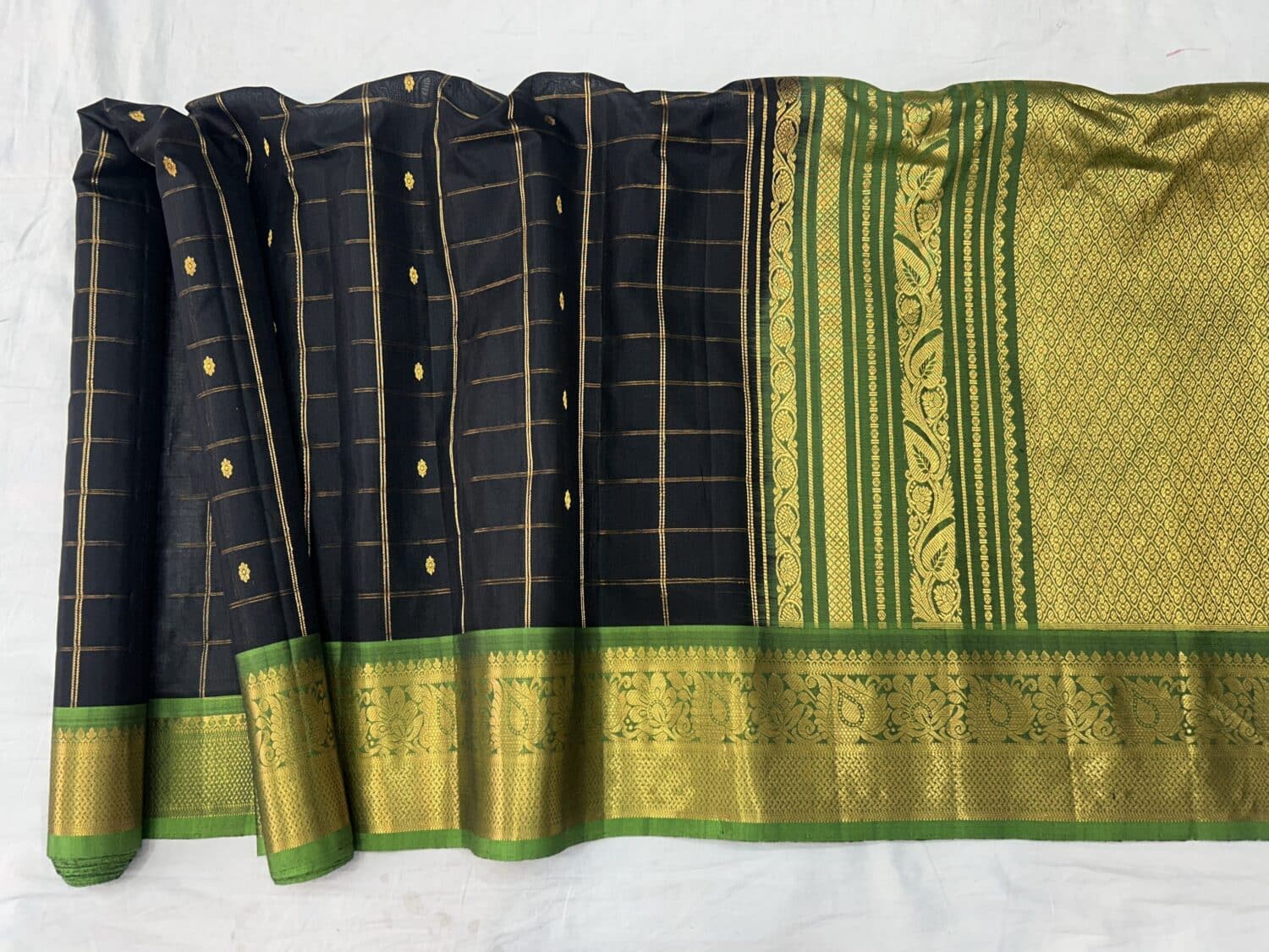 Black Handloom Pure Sico Gadwal Saree with Parrot Green Zari