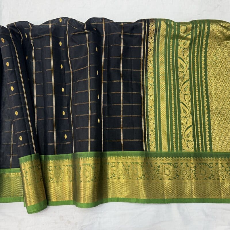 Black Handloom Pure Sico Gadwal Saree with Parrot Green Zari