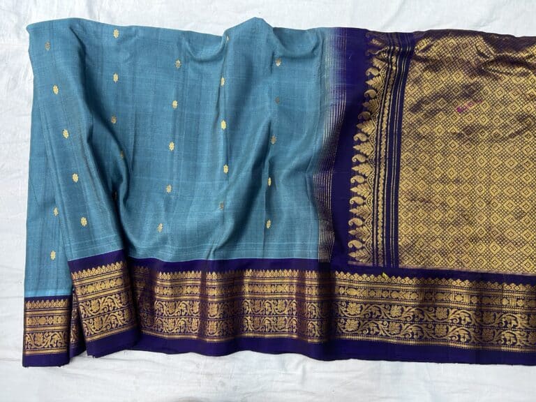 Teal Blue Handloom Pure Sico Gadwal Saree with Navy Blue Zari