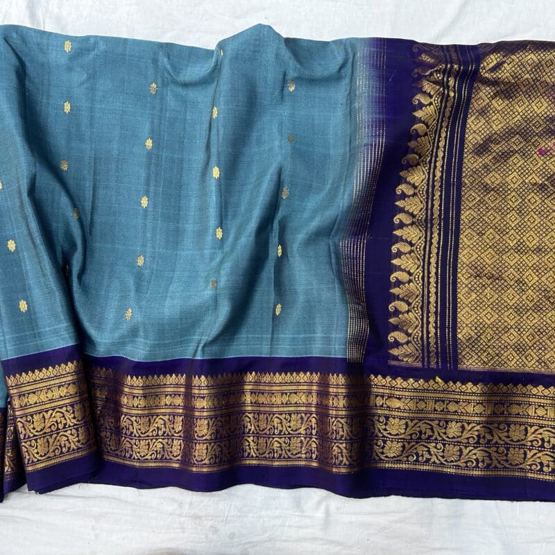 Teal Blue Handloom Pure Sico Gadwal Saree with Navy Blue Zari