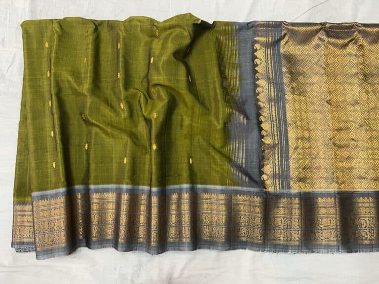 Mehendi Green Handloom Pure Sico Gadwal Saree with Grey Zari