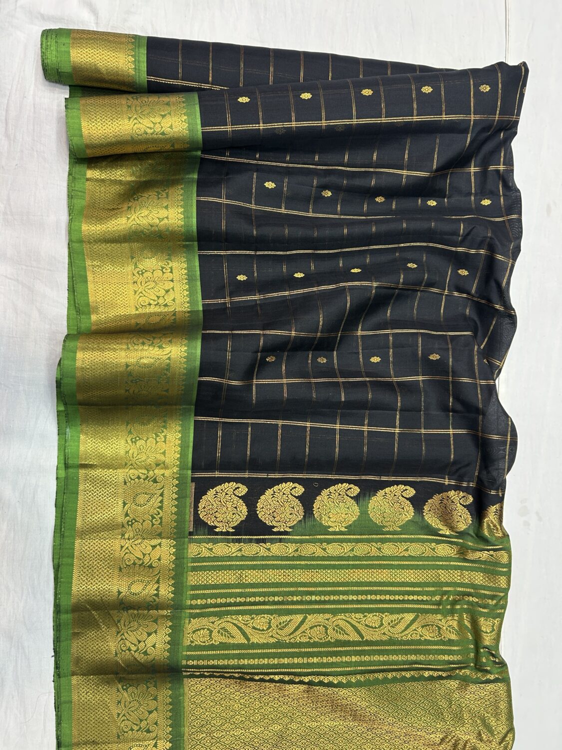 Black Handloom Pure Sico Gadwal Saree with Parrot Green Zari