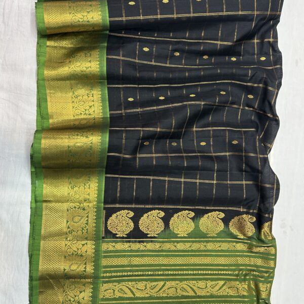 Black Handloom Pure Sico Gadwal Saree with Parrot Green Zari
