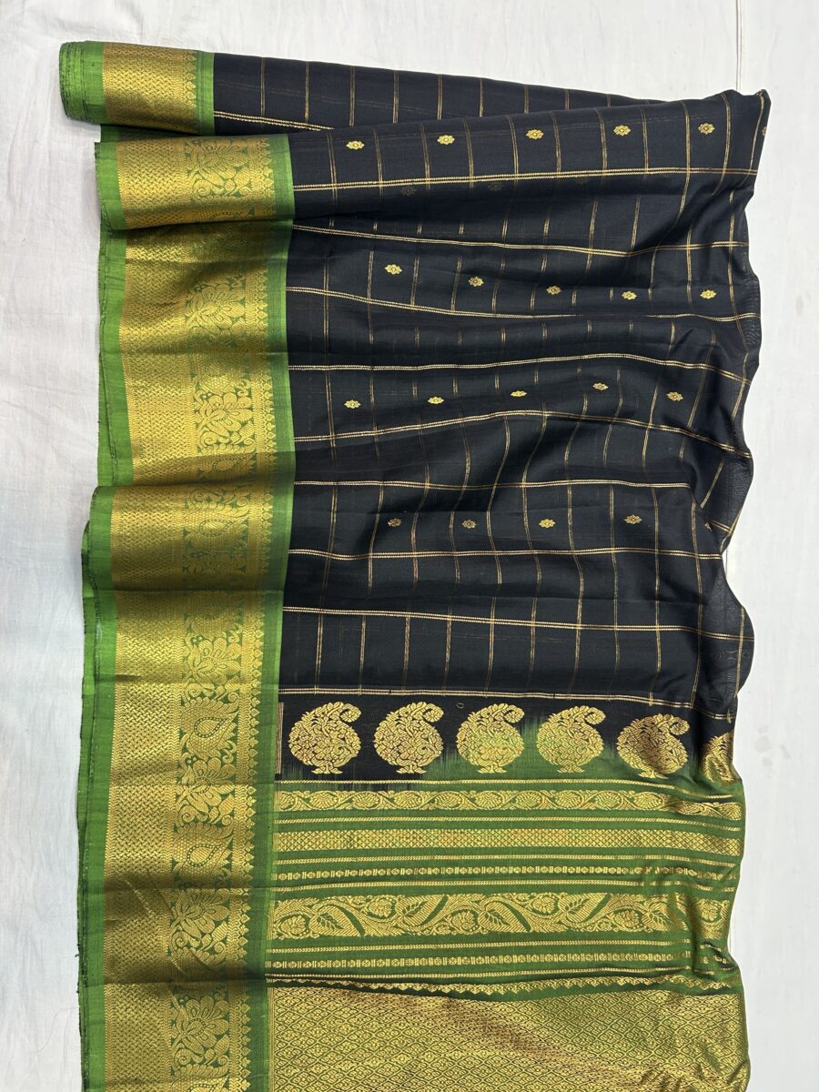 Black Handloom Pure Sico Gadwal Saree with Parrot Green Zari