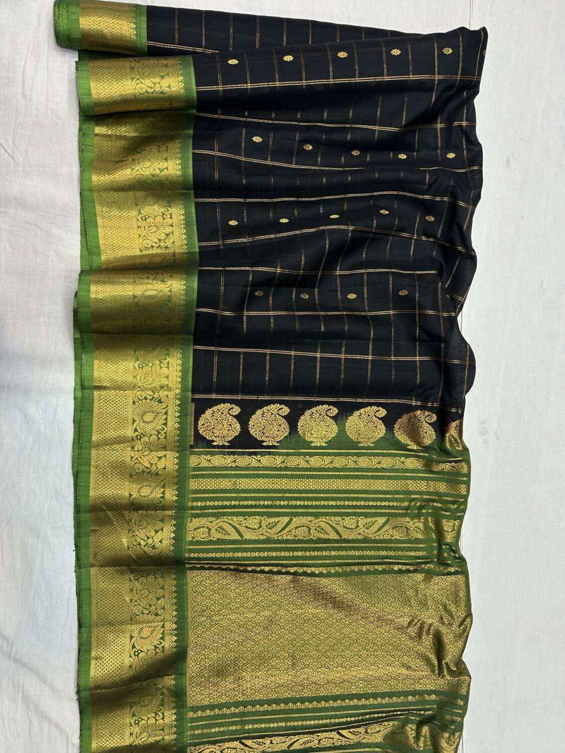 Black Handloom Pure Sico Gadwal Saree with Parrot Green Zari
