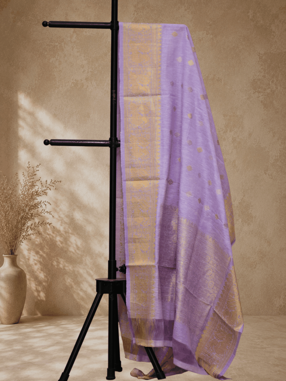 Lavender Handloom Linen Silk Dupatta with Traditional Zari Border