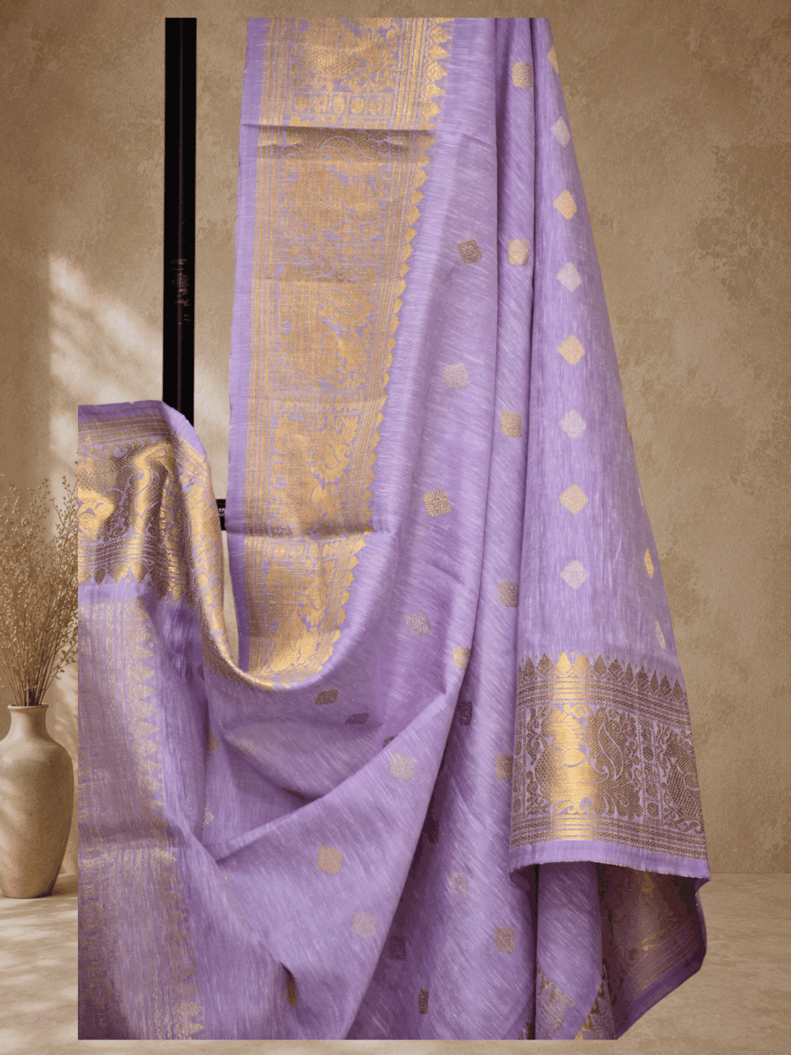 Lavender Handloom Linen Silk Dupatta with Traditional Zari Border