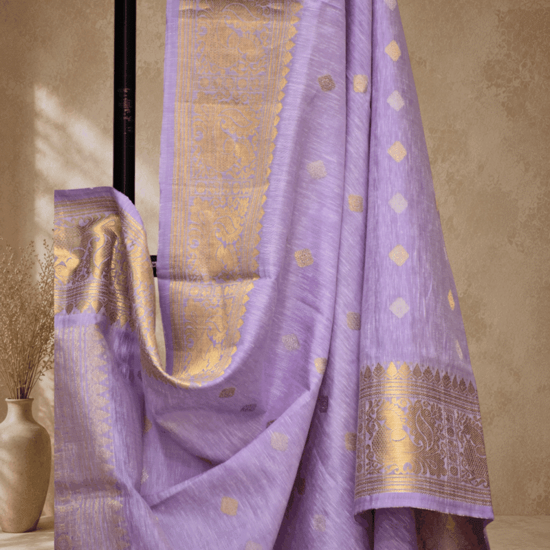 Lavender Handloom Linen Silk Dupatta with Traditional Zari Border - view 2