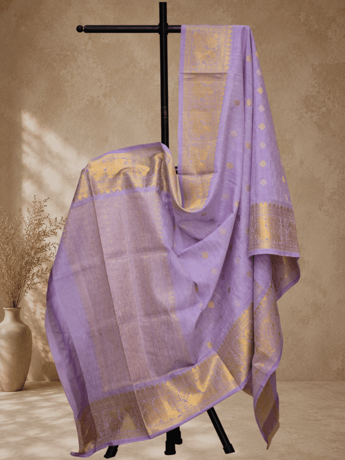 Lavender Handloom Linen Silk Dupatta with Traditional Zari Border