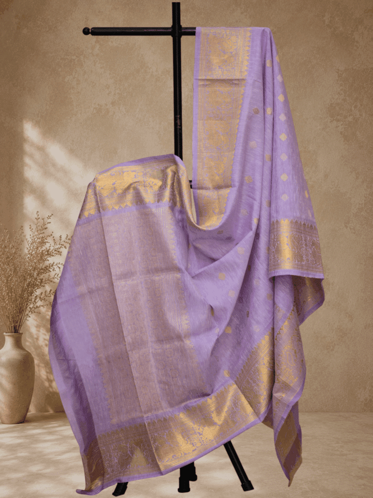Lavender Handloom Linen Silk Dupatta with Traditional Zari Border - view 3
