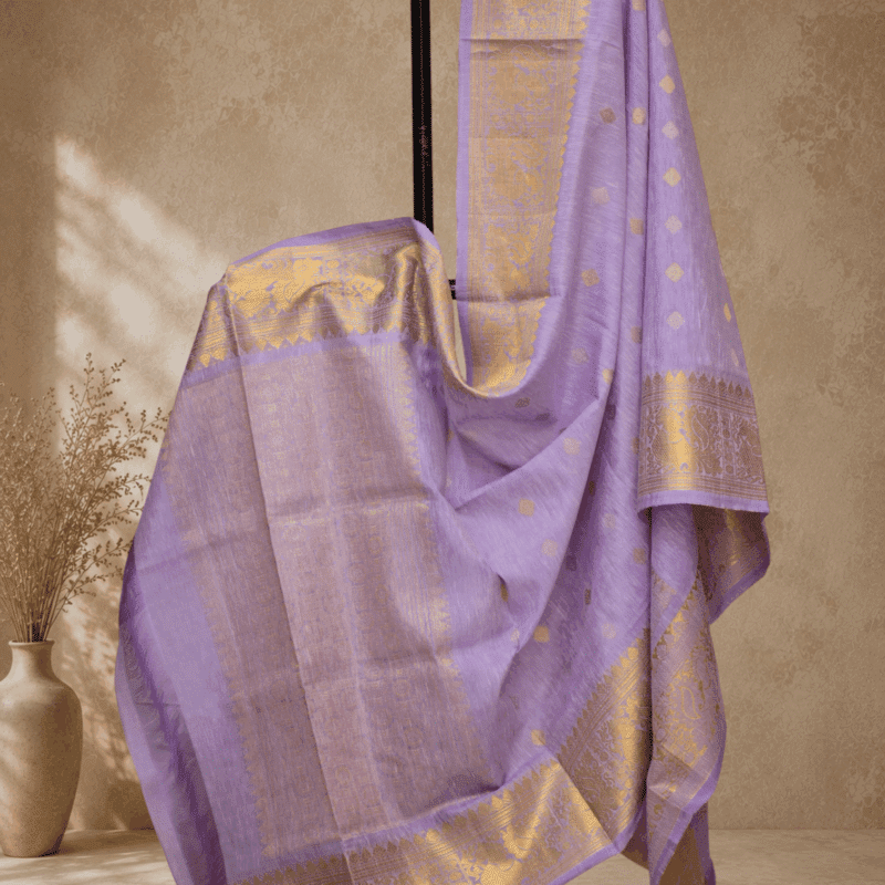 Lavender Handloom Linen Silk Dupatta with Traditional Zari Border - view 3