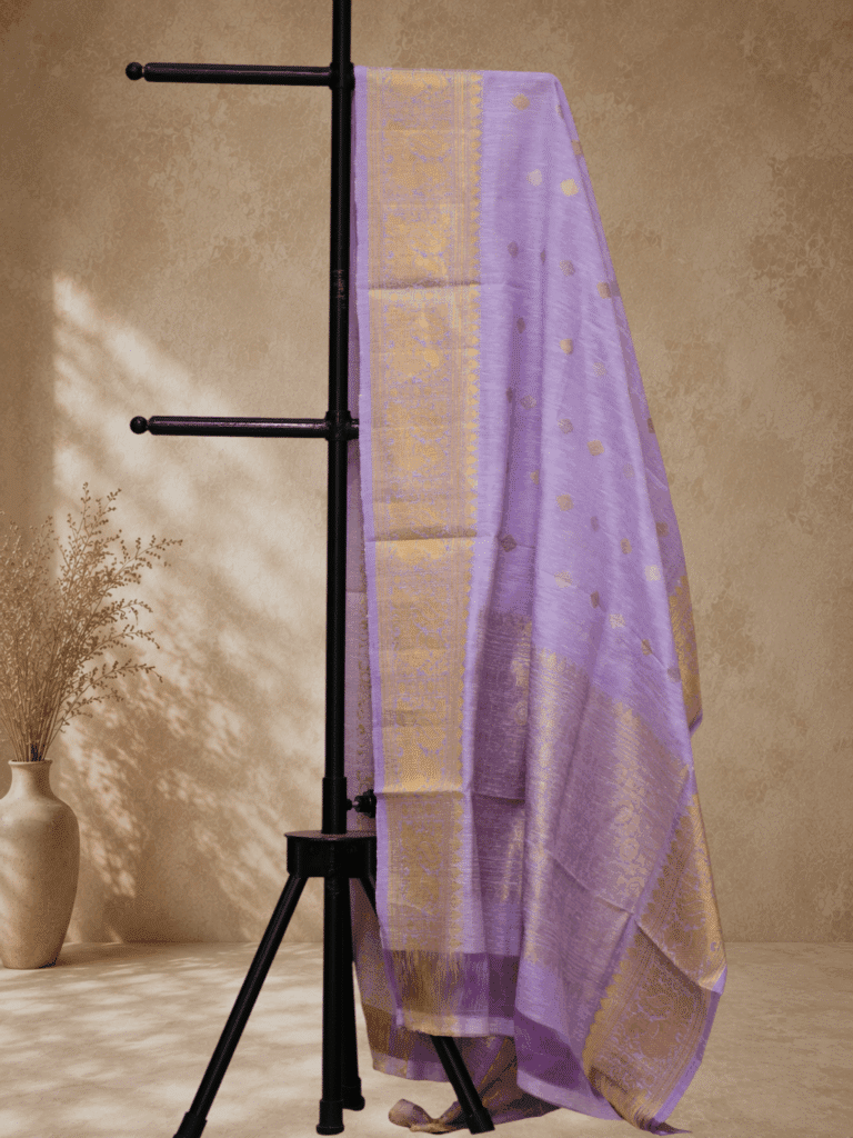 Lavender Handloom Linen Silk Dupatta with Traditional Zari Border