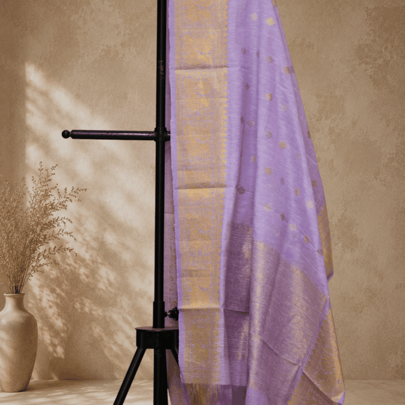 Lavender Handloom Linen Silk Dupatta with Traditional Zari Border