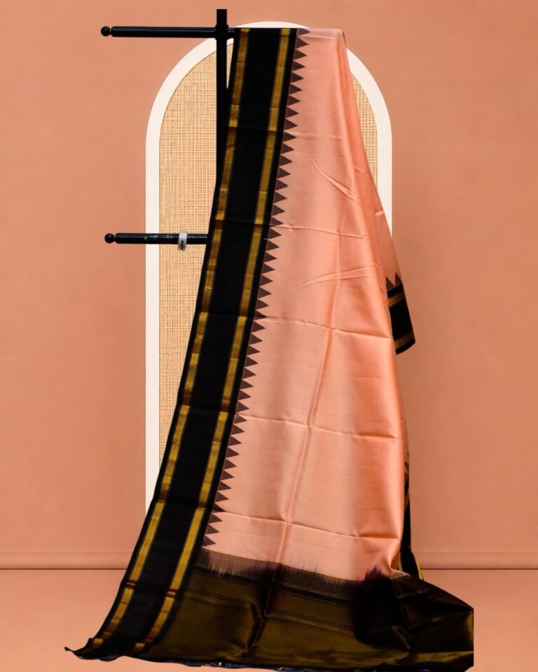 Peach & Black Handloom Pure Silk Temple Border Dupatta - view 2