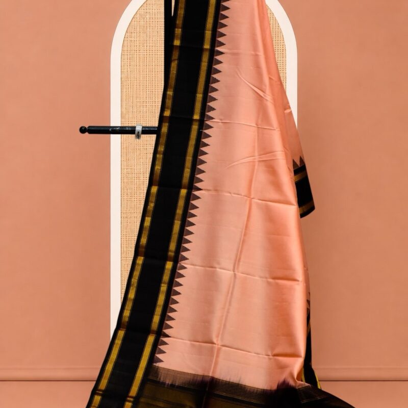 Peach & Black Handloom Pure Silk Temple Border Dupatta - view 2