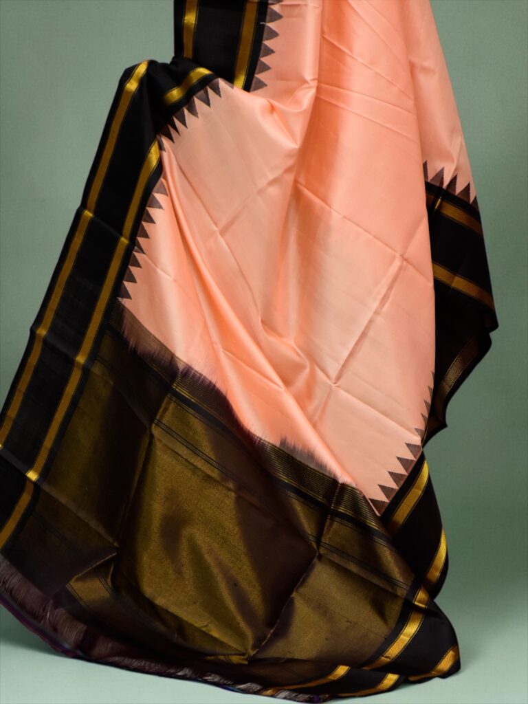 Peach & Black Handloom Pure Silk Temple Border Dupatta - view 3