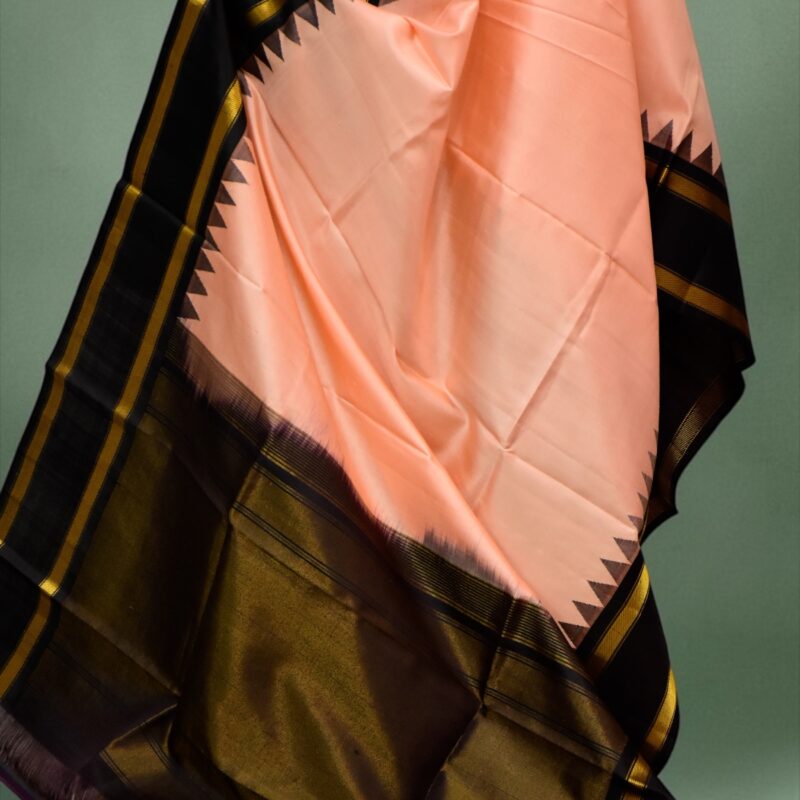 Peach & Black Handloom Pure Silk Temple Border Dupatta - view 3