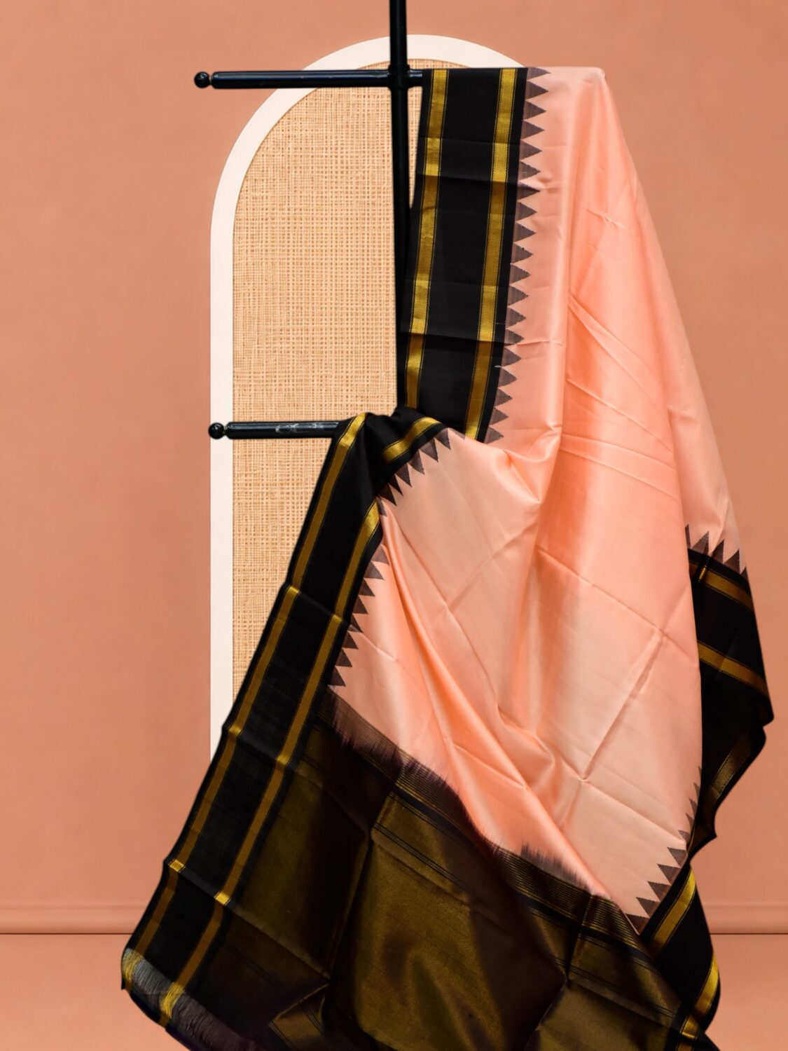 Peach & Black Handloom Pure Silk Temple Border Dupatta