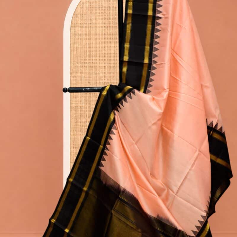 Peach & Black Handloom Pure Silk Temple Border Dupatta