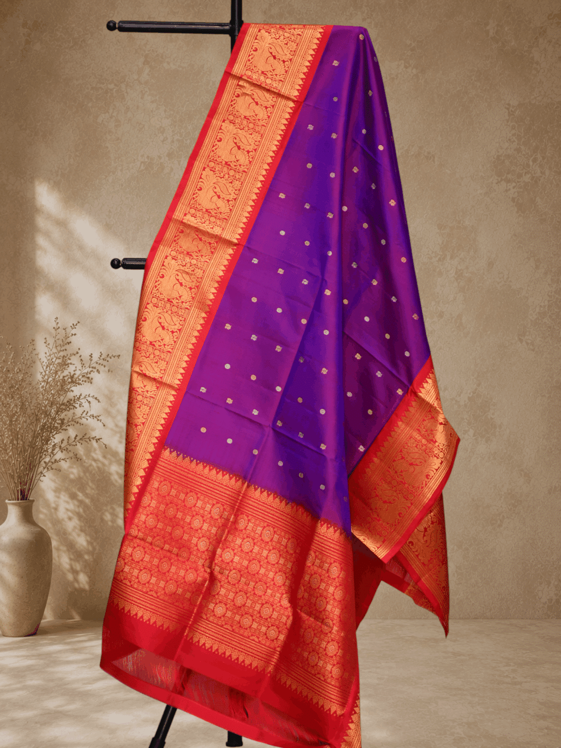Purple Red Handloom Pure Silk Gadwal Dupatta