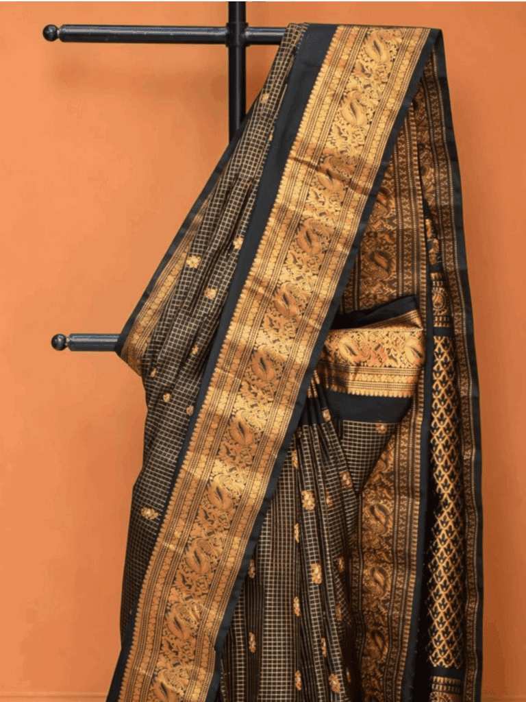 Black Pure Gadwal Silk Tissue Saree with Small Checks - view 2