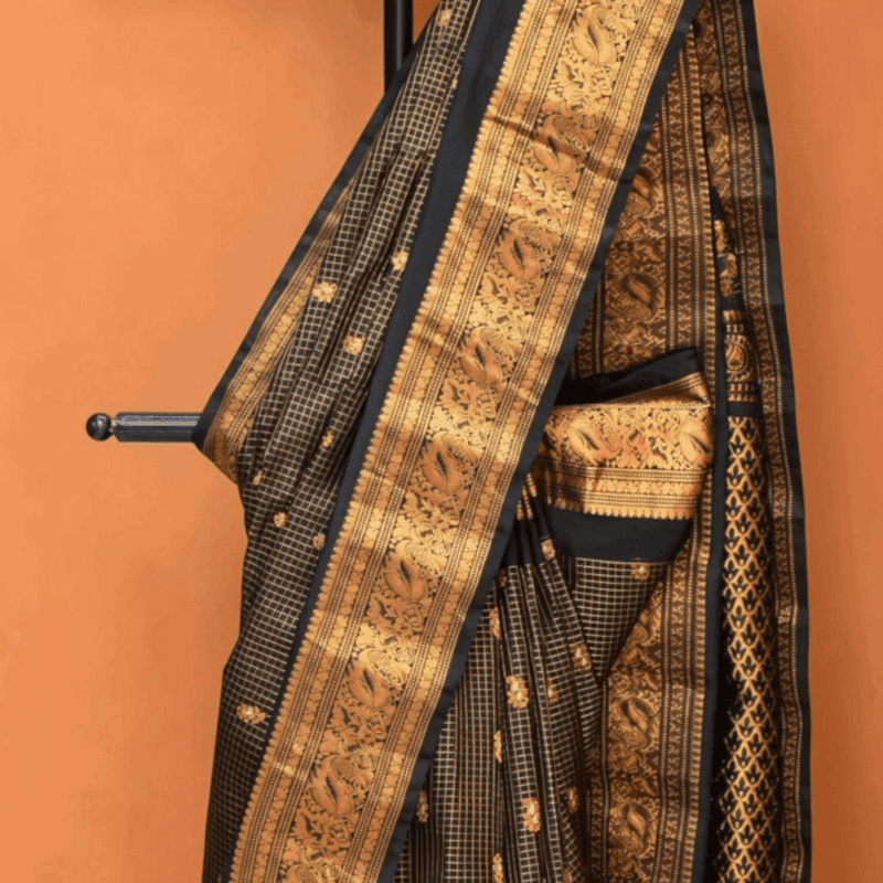 Black Pure Gadwal Silk Tissue Saree with Small Checks - view 2