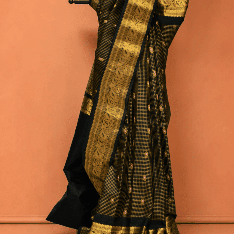 Black Pure Gadwal Silk Tissue Saree with Small Checks - view 3