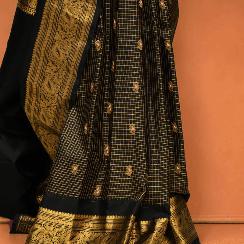 Black Pure Gadwal Silk Tissue Saree with Small Checks - view 4