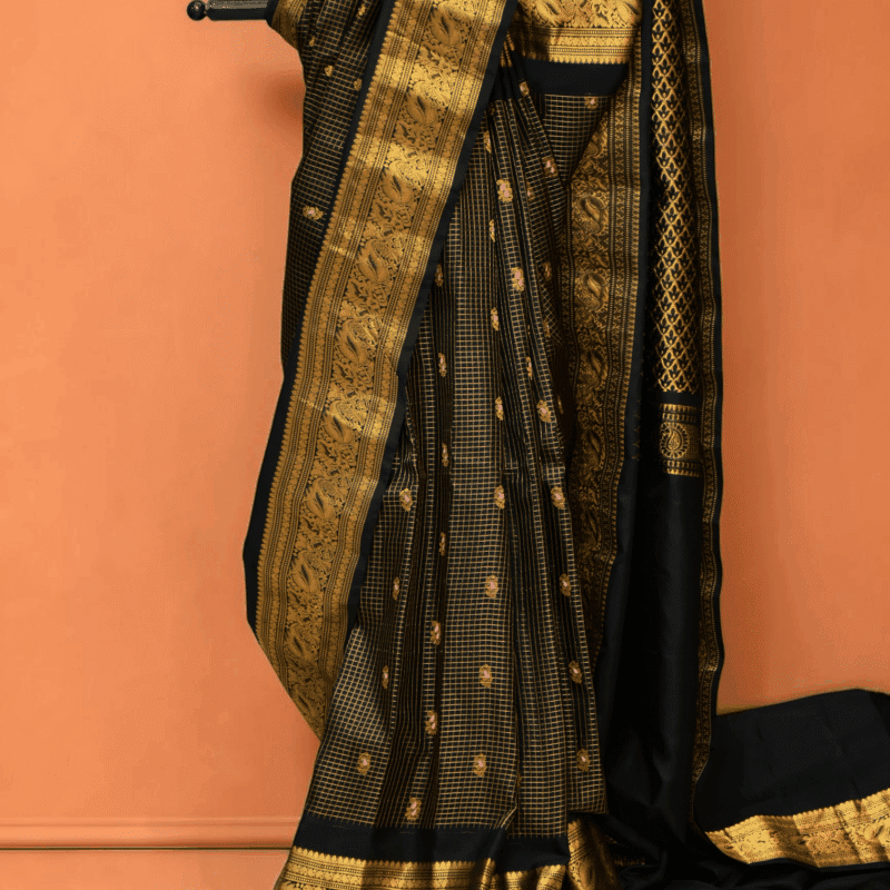 Black Pure Gadwal Silk Tissue Saree with Small Checks - view 5