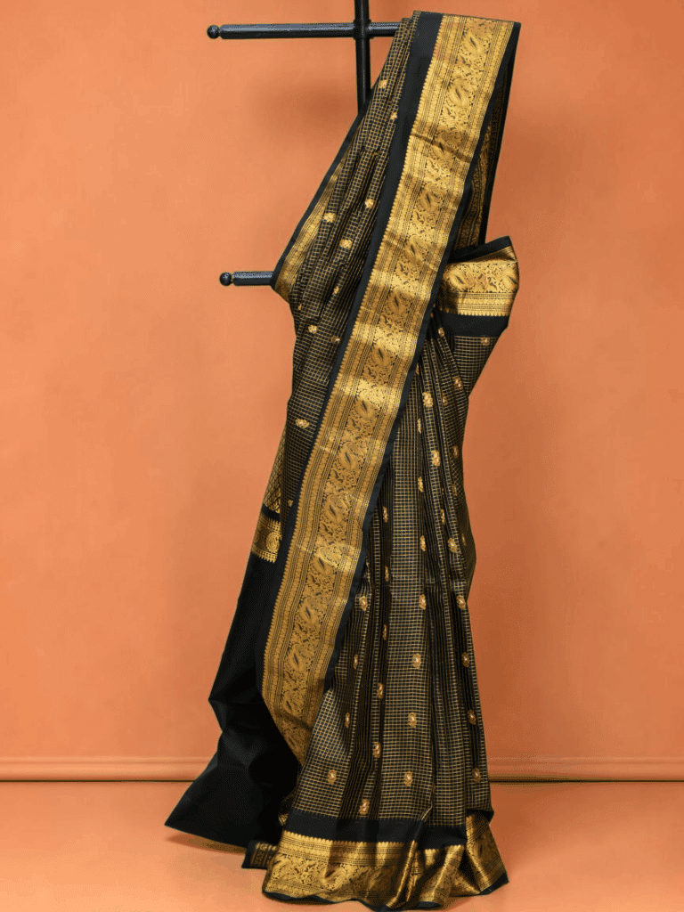 Black Pure Gadwal Silk Tissue Saree with Small Checks