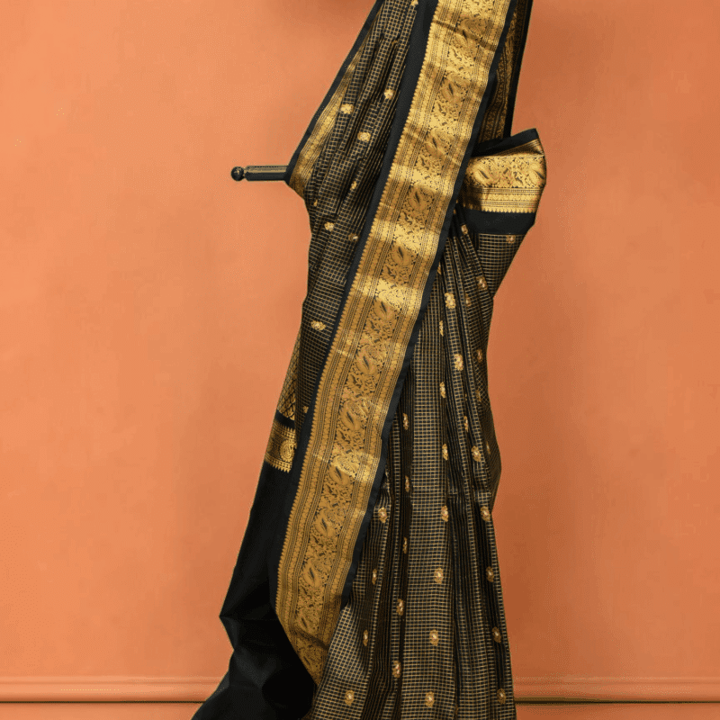 Black Pure Gadwal Silk Tissue Saree with Small Checks