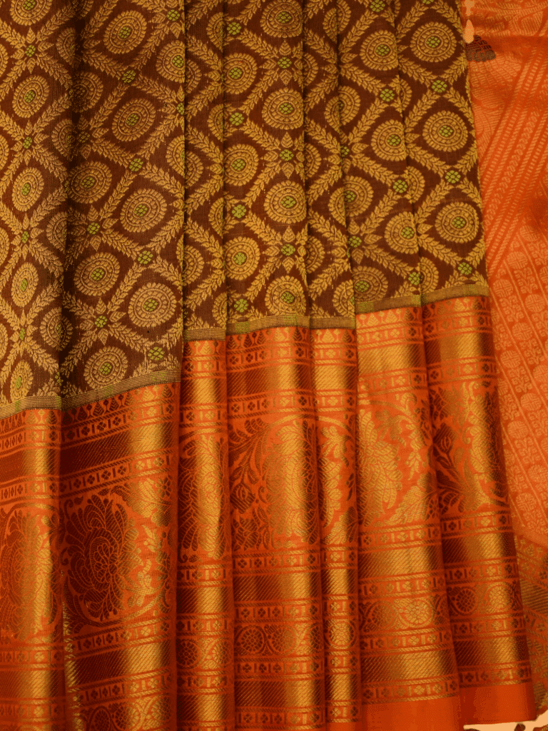Coffee Brown & Burnt Orange Pure Handloom Gadwal Silk Saree with Brocade - view 2