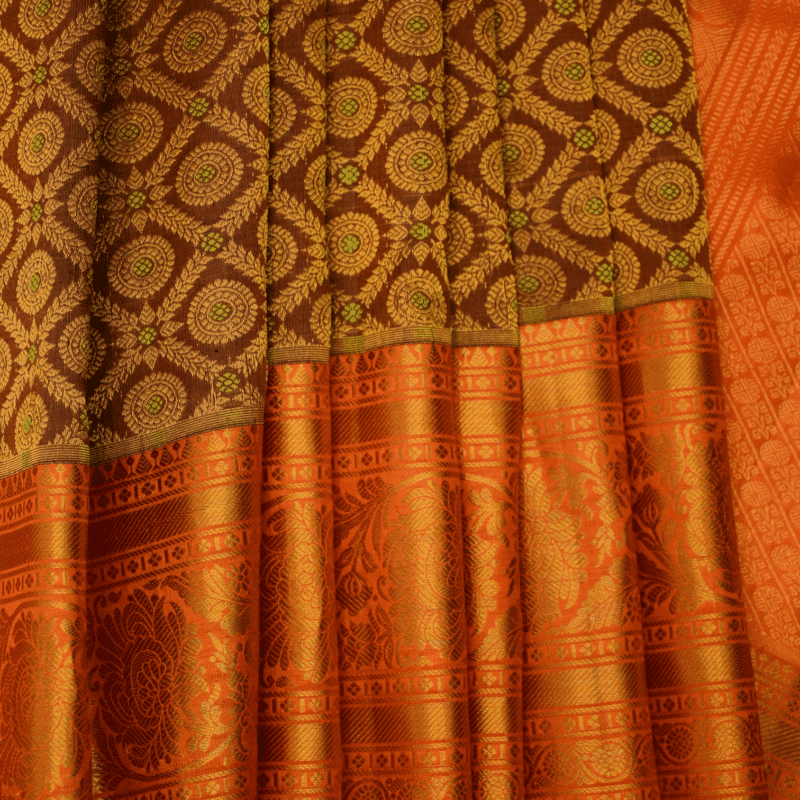 Coffee Brown & Burnt Orange Pure Handloom Gadwal Silk Saree with Brocade - view 2