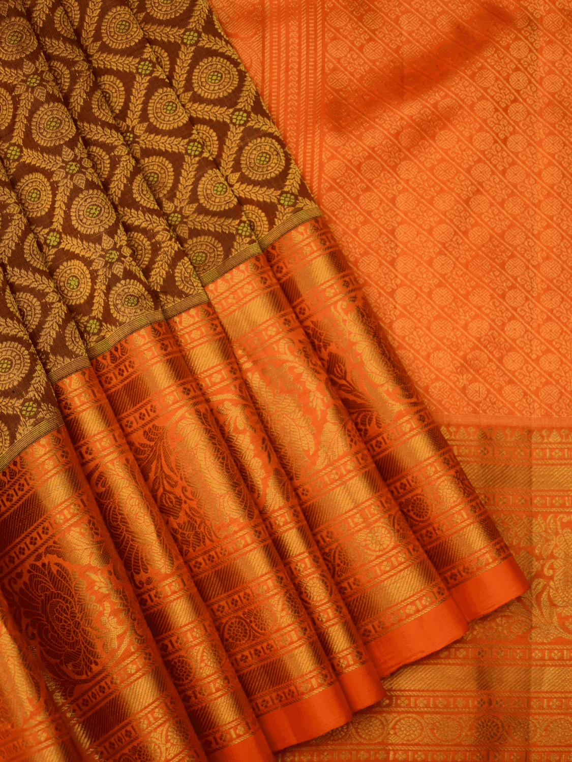 Coffee Brown & Burnt Orange Pure Handloom Gadwal Silk Saree with Brocade