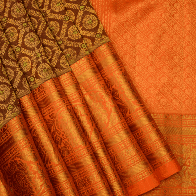Coffee Brown & Burnt Orange Pure Handloom Gadwal Silk Saree with Brocade - view 5