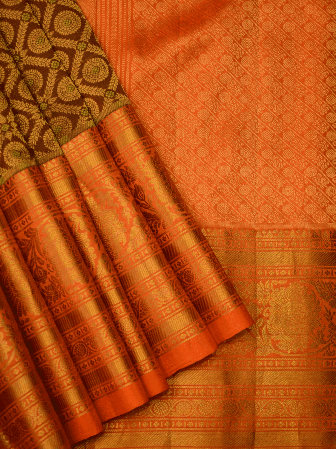 Coffee Brown & Burnt Orange Pure Handloom Gadwal Silk Saree with Brocade