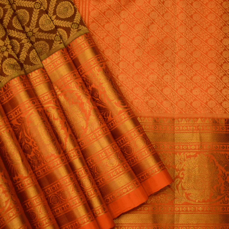 Coffee Brown & Burnt Orange Pure Handloom Gadwal Silk Saree with Brocade - view 6
