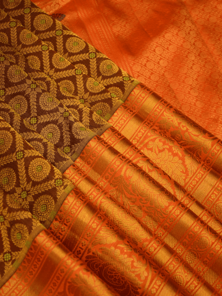 Coffee Brown & Burnt Orange Pure Handloom Gadwal Silk Saree with Brocade