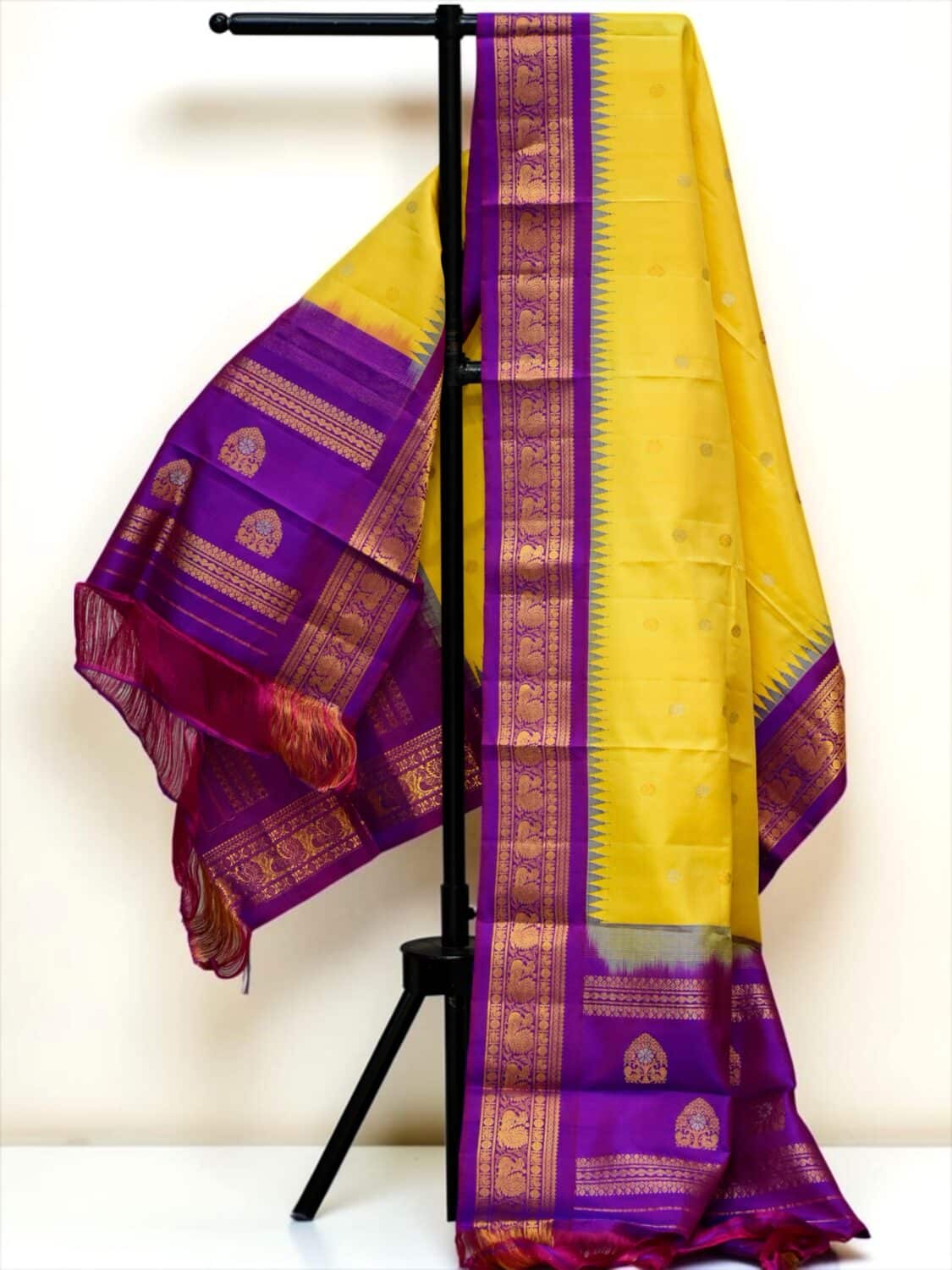 Mustard Yellow & Purple Pure Handloom Gadwal Silk Dupatta with Kuttu Temple Border | Vintage Authentic