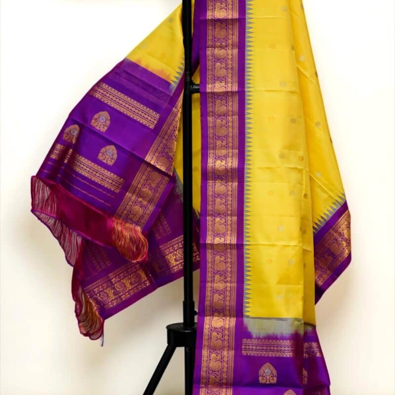 Mustard Yellow & Purple Pure Handloom Gadwal Silk Dupatta with Kuttu Temple Border - view 3