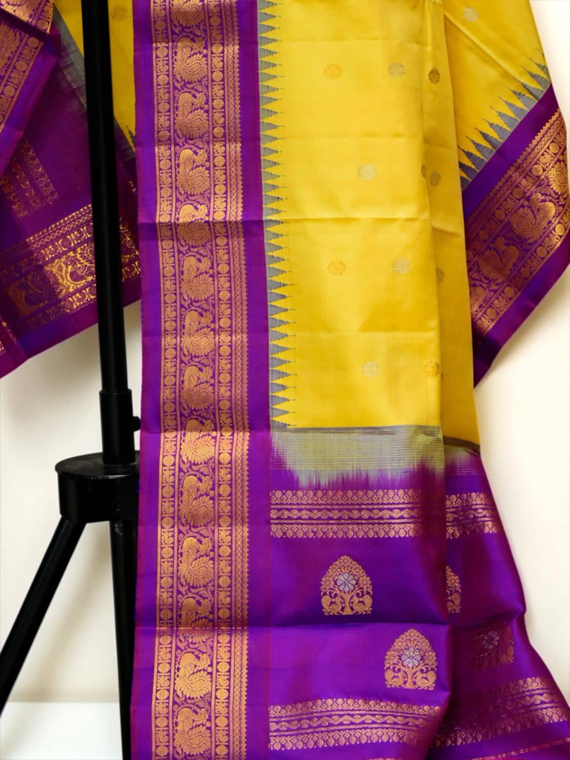 Mustard Yellow & Purple Pure Handloom Gadwal Silk Dupatta with Kuttu Temple Border | Vintage Authentic