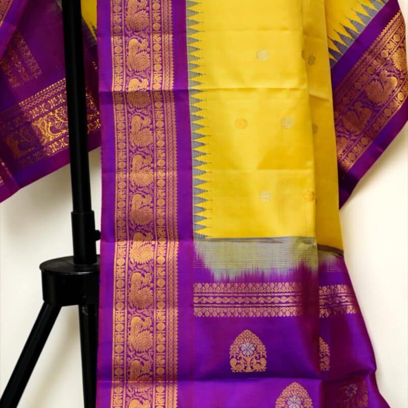 Mustard Yellow & Purple Pure Handloom Gadwal Silk Dupatta with Kuttu Temple Border - view 2
