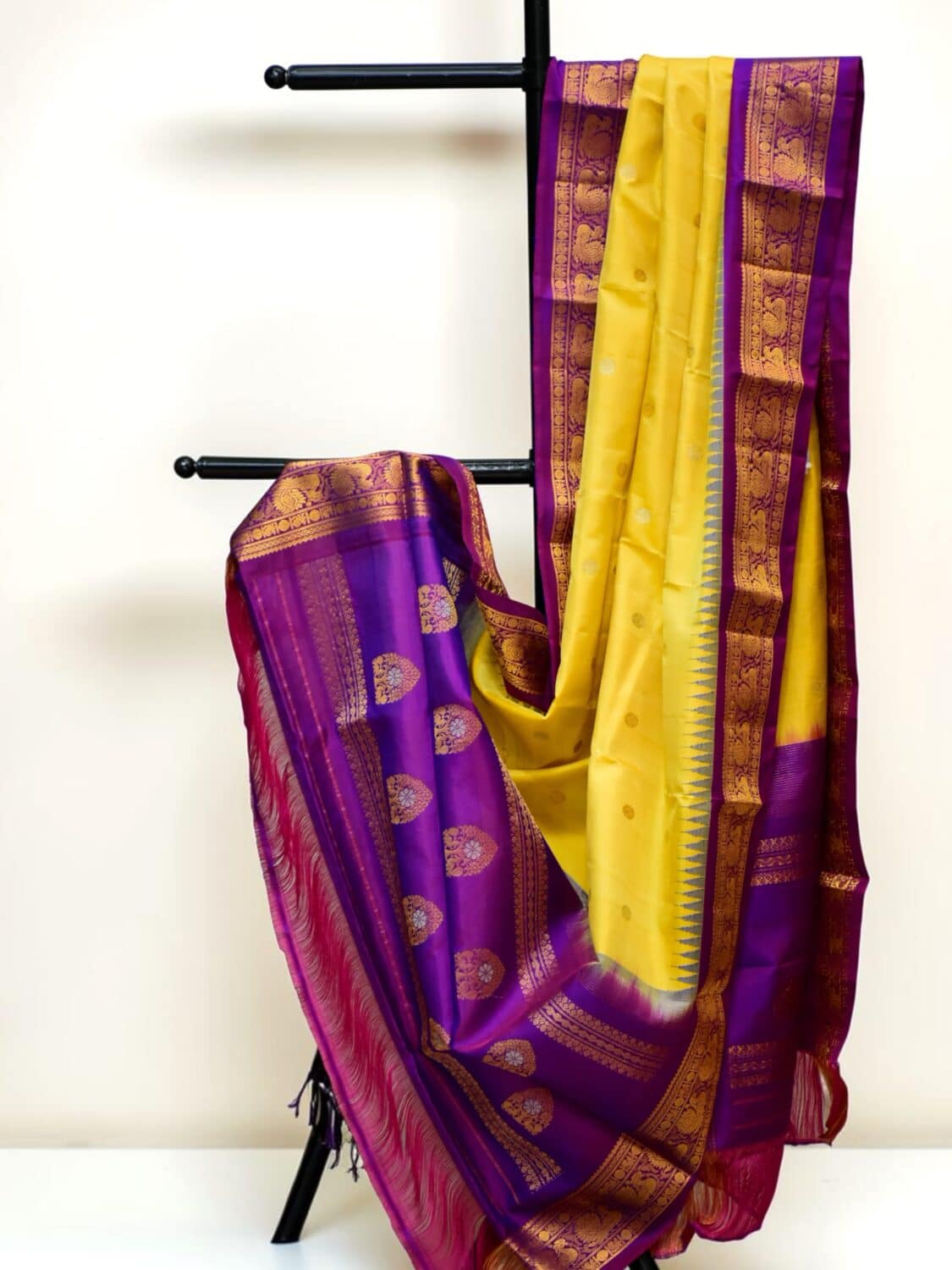 Mustard Yellow & Purple Pure Handloom Gadwal Silk Dupatta with Kuttu Temple Border | Vintage Authentic