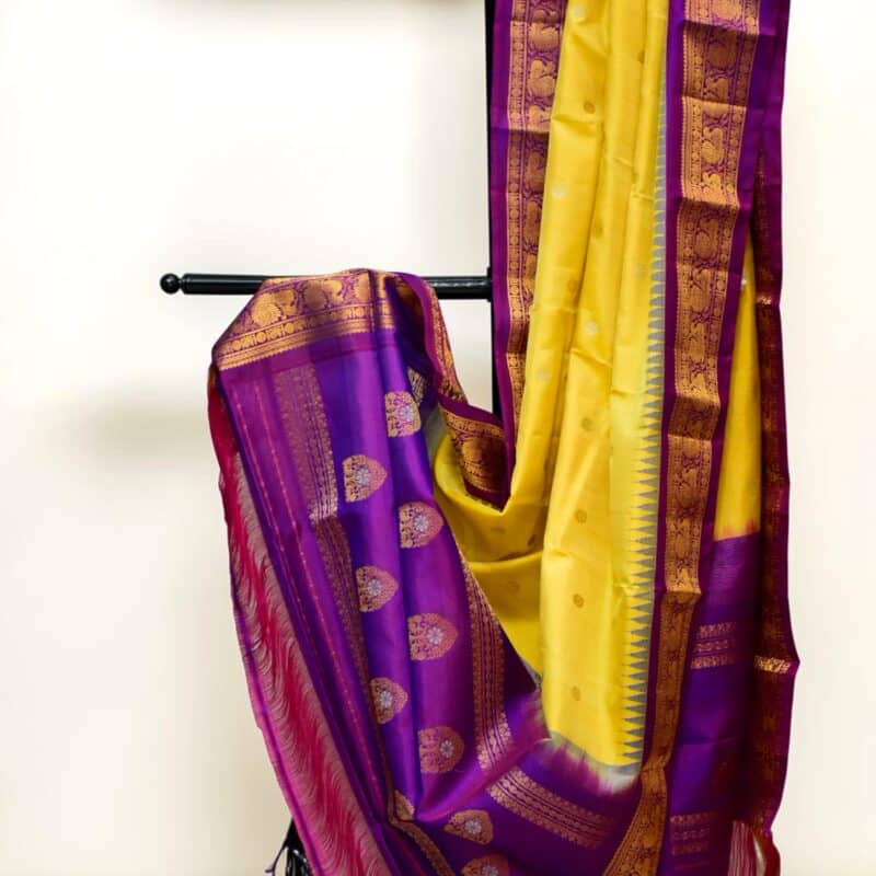 Mustard Yellow & Purple Pure Handloom Gadwal Silk Dupatta with Kuttu Temple Border - view 4