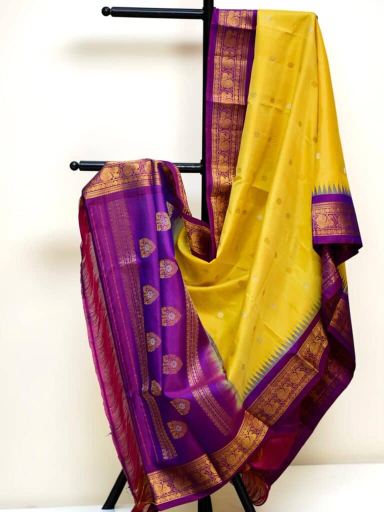 Mustard Yellow & Purple Pure Handloom Gadwal Silk Dupatta with Kuttu Temple Border