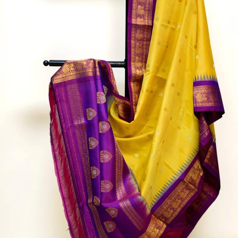 Mustard Yellow & Purple Pure Handloom Gadwal Silk Dupatta with Kuttu Temple Border