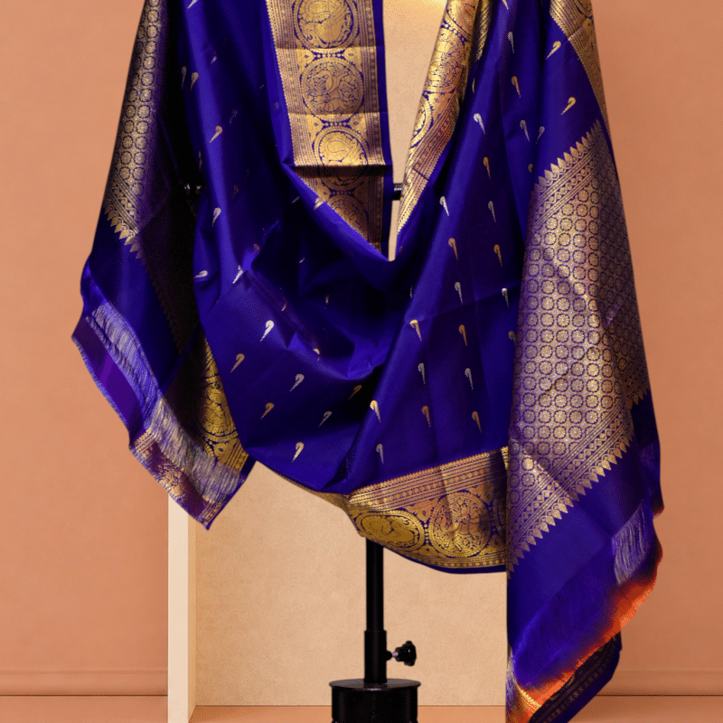 Royal Blue Pure Handloom Gadwal Silk Dupatta with Kuttu Border & Peacock Motifs - view 4